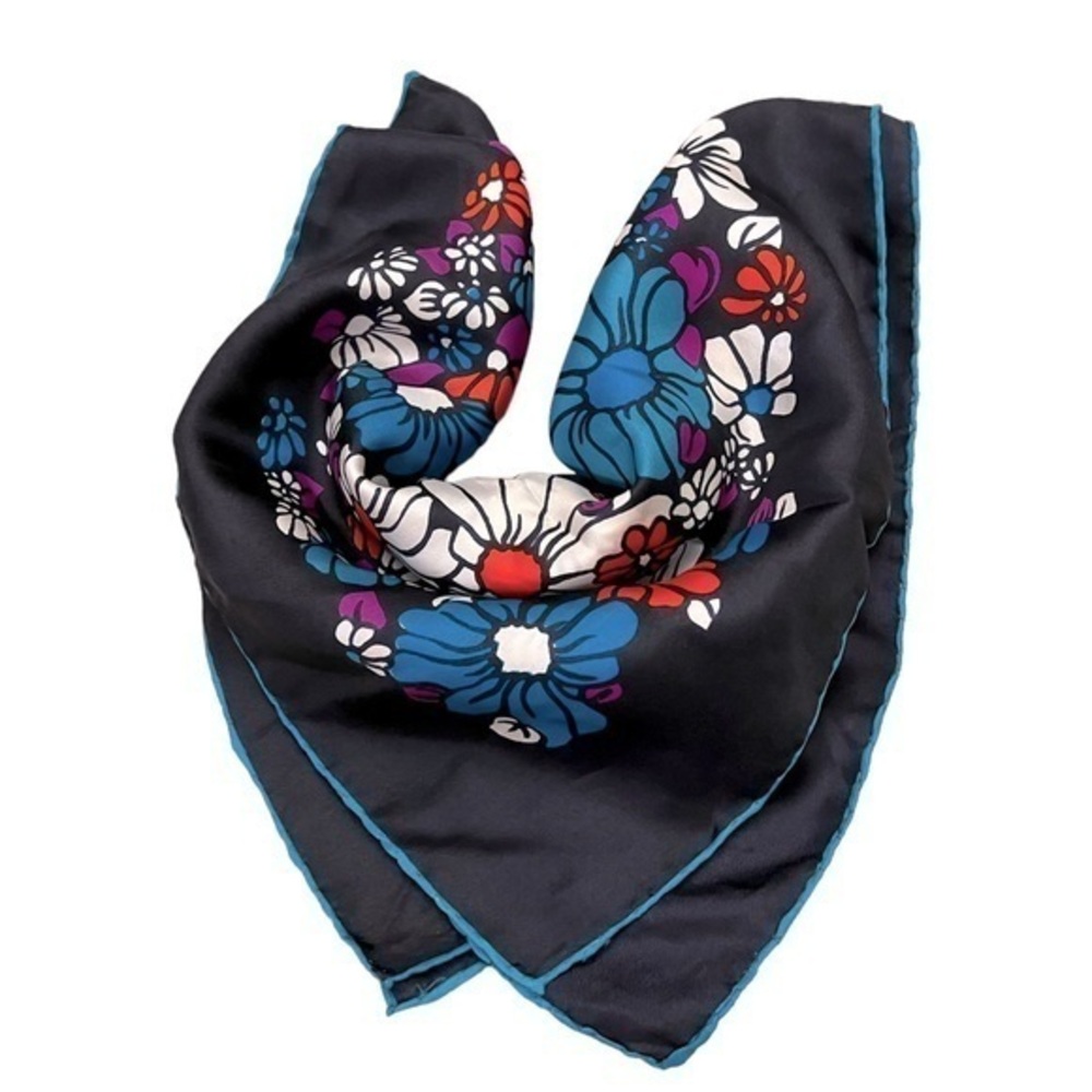 John Wanamaker Bright Vintage Silk Floral Scarf, Italy, navy blue aqua & red